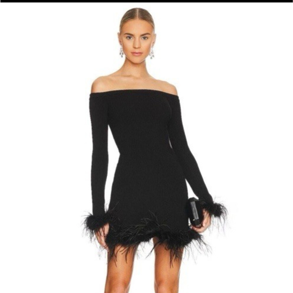 Lovers & Friends Ellerie Sweater Dress Feather Trim Dark Romance Witchy, S